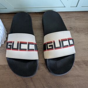 Gucci Logo Slide Sandals in Black & White with Red Accent